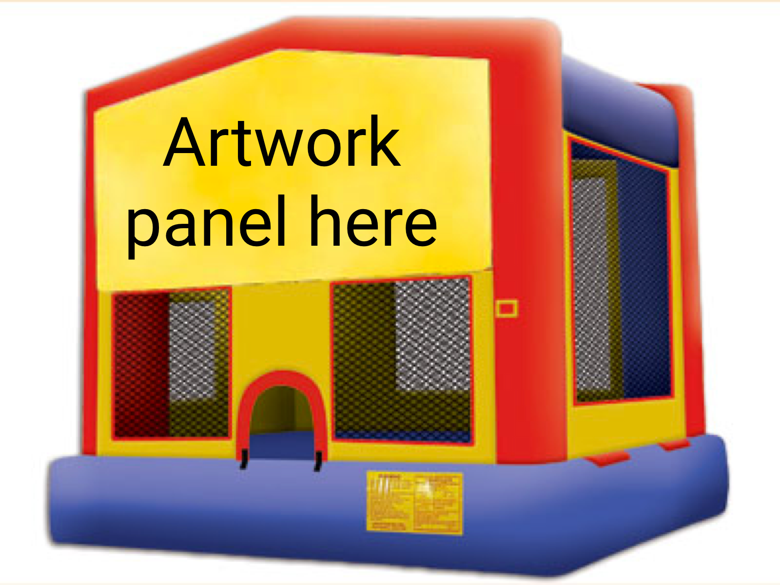 Photo of bouncy castle reading "artwork panel here."